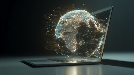 A futuristic laptop displaying a digital representation of the globe, symbolizing global connectivity and advanced technology.