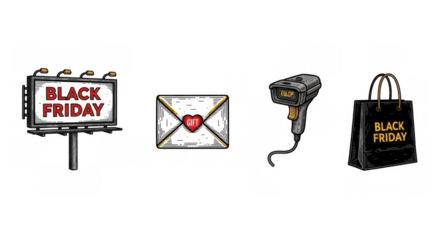 Black Friday Sale Icons Including Billboard Envelope Scanner and Shopping Bag.