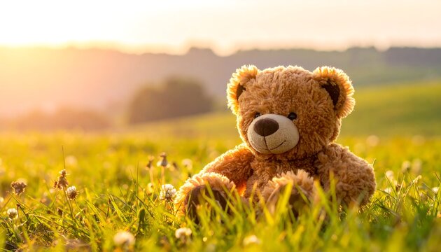 A plush toy sits amidst tall grass, bathed in the warm glow of a setting sun. The grassy field stretches into the distance - Powered by Adobe