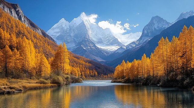 Panoramic Autumn View of Yading Snow-Capped Mountains with Golden Larch Trees and River Reflection in Sichuan, China.