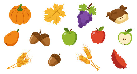 Colorful autumn harvest: pumpkins, leaves, fruits, nuts, and grains collection