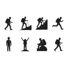 Naklejka premium A diverse set of black silhouette icons depicting hikers in various poses and activities, including walking, climbing, and running, all isolated on a clean white background for easy integration.