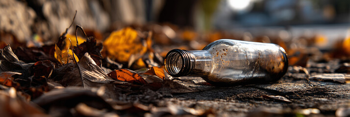 Glass bottle in forest, ecology pollution problem in autumn