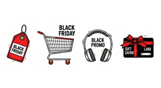 Black Friday shopping cart tag headphones and gift card promotion.
