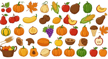 Obraz premium Colorful autumn harvest: fruits, vegetables, and leaves collection in cartoon…