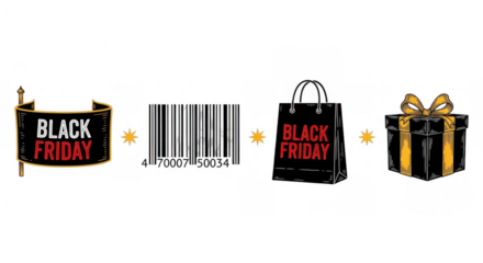 Black Friday Sale Items: Sign Barcode Bag and Gift Box.