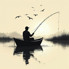 Silhouette of a fisherman in a boat casting a line at sunset. Birds fly across sky. Calm water reflects the setting sun. Fishing creates tranquility.