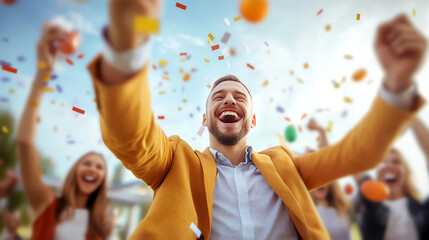 A joyful celebration capturing a group of friends laughing and enjoying colorful confetti, embodying happiness and togetherness.