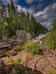 Fotobehang Pantone 2025 Mocha Mousse Waterfall river stream in green nature forest landscape  © irina