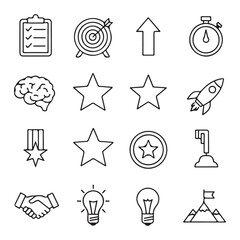 Fototapeta premium A collection of flat design icons representing business, success, and goals, including a clipboard, target, upward arrow, stopwatch, brain, stars, rocket, medal, handshake, lightbulb, and mountain pea