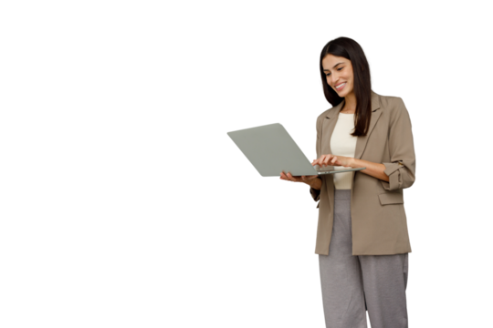 Businesswoman standing and working on laptop, smiling, displaying professional communication and remote work