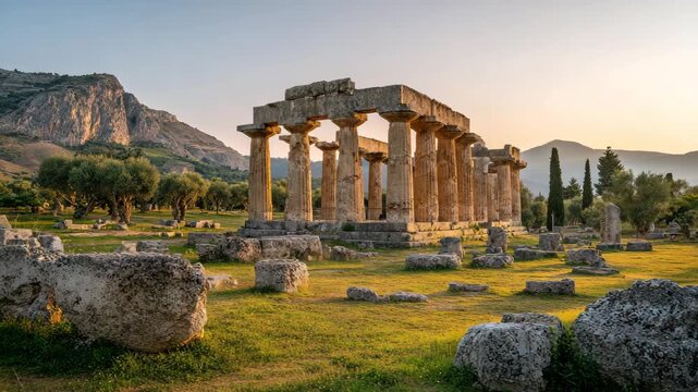 Ultra HD Temple of apollo at ancient corinth in greece at sunset with mountains video, old temple video, old greek temple video