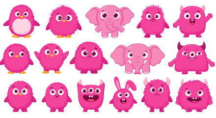 Cute pink animals and monsters collection in cartoon style