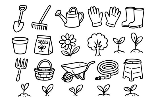 Hand drawn garden tools and plants doodle set for home gardening enthusiasts