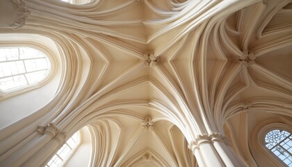 Intricate ribbed vault ceiling in old building. Gothic architecture design with decorative stone arches, robust columns. Sunlight streams through tall arched windows, beautifully illuminating ornate