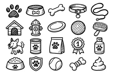 Naklejka na ściany i meble Pet supplies doodle set: bowls, toys, and accessories for dogs Naklejka na ściany i meble Pet supplies doodle set: bowls, toys, and accessories for dogs