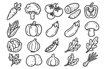 Fototapeta premium Hand drawn vegetable icons set featuring carrot, broccoli, and more in black outline style