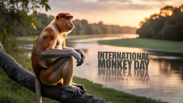 Amazing wildlife jungle scenery with intelligent chimpanzee on river rock celebrating International Monkey Day and raising awareness about conservation, primate habitats and endangered animal protecti