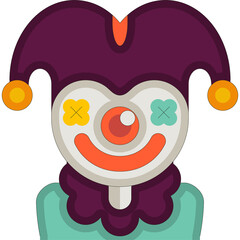 Obraz premium Jester Halloween Costume Icon With Purple Hat White Face Red Nose And Teal Shirt On Transparent Background