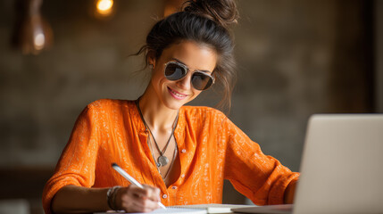 Woman in orange shirt and sunglasses works at desk with laptop, writing in notebook, exuding focused and stylish vibe
