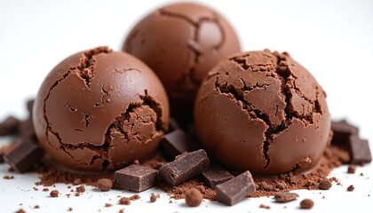 Three chocolate ice cream scoops rest on a white surface scattered with cocoa powder and dark chocolate pieces. The creamy dessert offers a rich indulgent treat perfect for summer or any occasion.