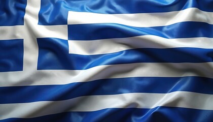 Obraz premium National flag of Greece flutters in wind. Close up of blue, white striped banner with cross. Greek silk fabric waves to create beautiful background. Patriotism freedom, national pride in Europe.