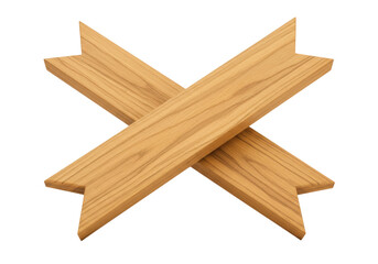 Isolated X shaped design element of two wooden boards with arrow shaped ends or points