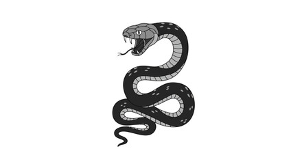 Monochrome snake with open mouth and fangs on white background
