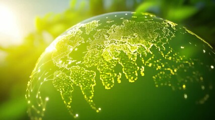 Eco-Friendly Earth: A vibrant globe glows with an eco-friendly design, showcasing continents formed by verdant leaves and shimmering with a warm light. - Powered by Adobe