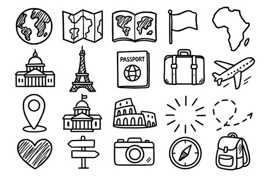 Travel icons collection: doodle style landmarks, maps, and travel essentials