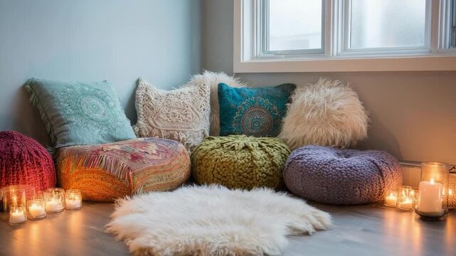 Cozy corner with colorful knitted poufs and cushions around a fluffy white rug, lit by candles near a window.