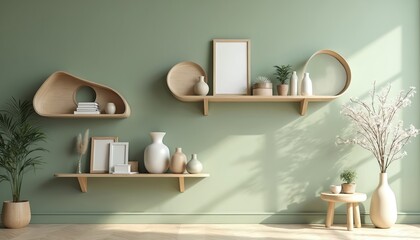 Modern living room interior design with soft sage green wall paint. Natural light falls on sleek wood shelves with various decor objects. Ceramic vases, potted plants, picture frames create cozy home