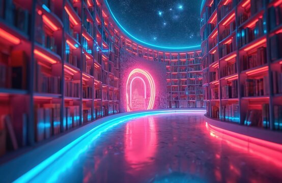 Curved futuristic library with neon lights. Bookshelves line walls under starry sky. Glowing portal on far wall implies knowledge and new ideas. - Powered by Adobe