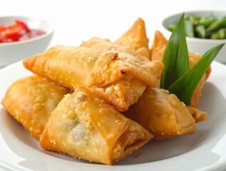 Spring rolls filled with vegetables and chicken. Indonesian snacks. Served on a white plate with an attractive presentation. Indonesian snacks