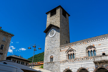 Old Bell Tower in Italy Como Cathedral Duomo Italian old church temple in center. Cattedrale di Santa Maria Assunta