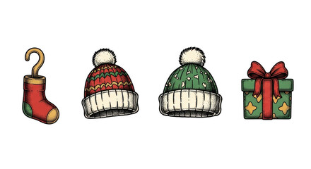 Christmas themed items including a stocking two winter hats and a gift box.