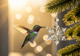 Enchanting hummingbird touching a sparkling crystal snowflake ornament on a Christmas tree with magical golden bokeh
