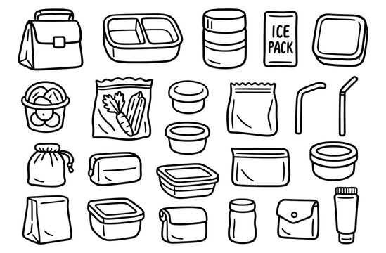 Eco-friendly lunchbox essentials: reusable containers and accessories in simple line art