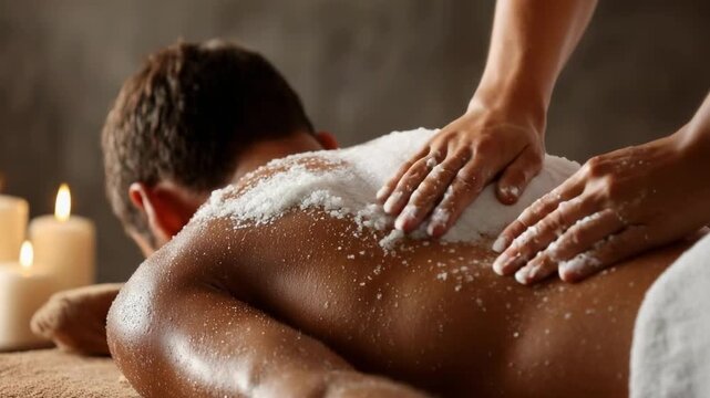 Back massage with a salt scrub at a spa, candles glow softly in the background.
