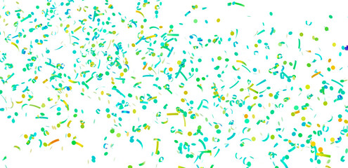 Bright teal, green, and yellow confetti falling on white. Perfect for party invitations, celebrations, and festive designs.