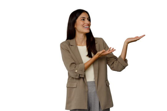 Professional businesswoman presenting, showing something, pointing with hands, smiling, confident, transparent background