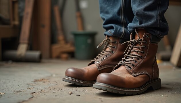 Man wears brown leather work boots with steel-toe protection standing in a workshop or construction site. Worker feet clad in protective footwear on a concrete floor surrounded by tools and equipment.