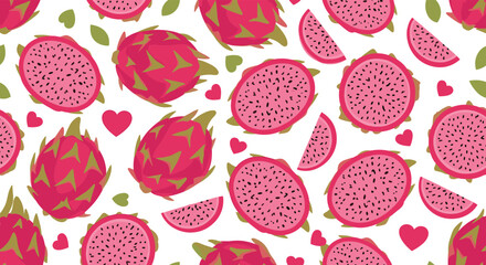 A delightful pattern featuring vibrant dragon fruits and sweet little hearts.