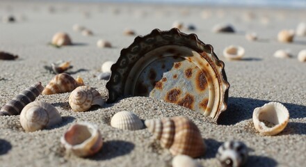 Rusty bottle cap on beach, ecology pollution problem