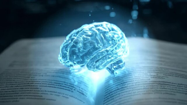 Brain over book: An open book holds a luminous, holographic representation of a brain. The image evokes themes of knowledge, intellect, and learning. 