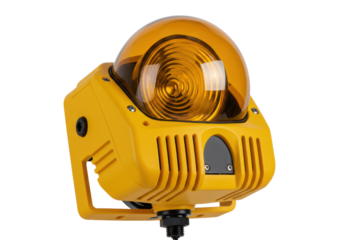 Isolated roadside safety beacon, yellow warning light for construction, traffic, or accident zones