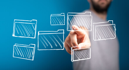 Person touching holographic files, data management, cloud storage, organization, digital workflow,...