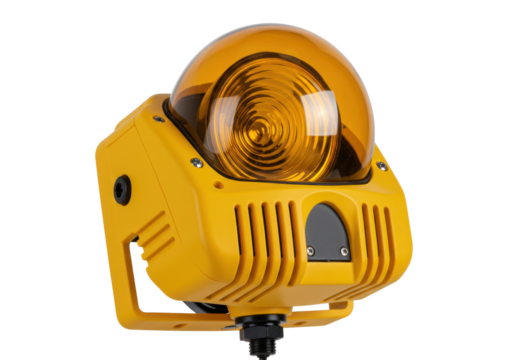 Isolated roadside safety beacon, yellow warning light for construction, traffic, or accident zones