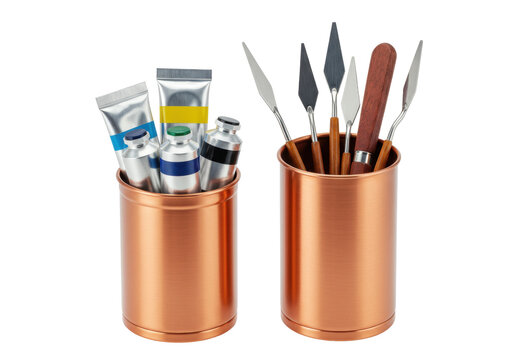 Isolated artist's tools paintbrushes tubes of paint in copper containers art supplies set