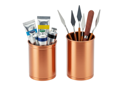 Isolated artist's tools paintbrushes tubes of paint in copper containers art supplies set